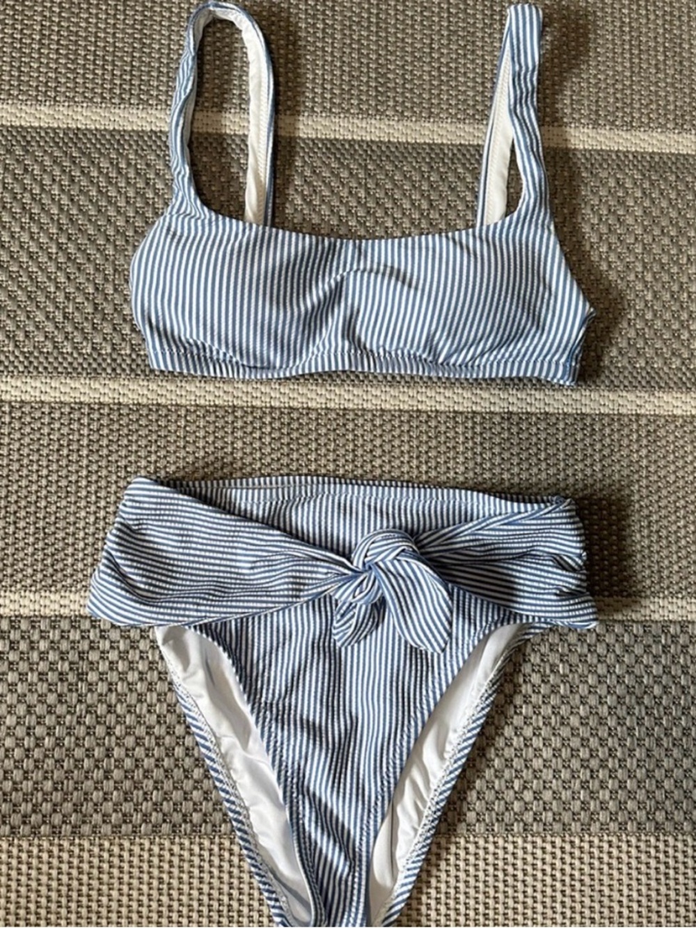 J. Crew Seersucker Striped Blue and White Two-Piece High Waist Bikini - XS